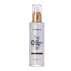 MAEPEOR Shimmer Body Luminizer silver bottle delivers radiant glow to skin.