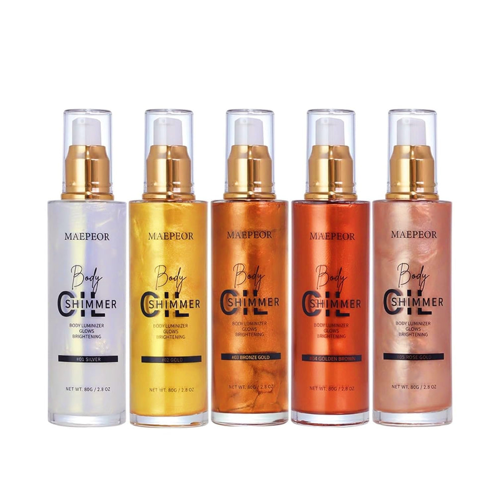 MAEPEOR Shimmer Body Luminizer silver pump for easy, even application.