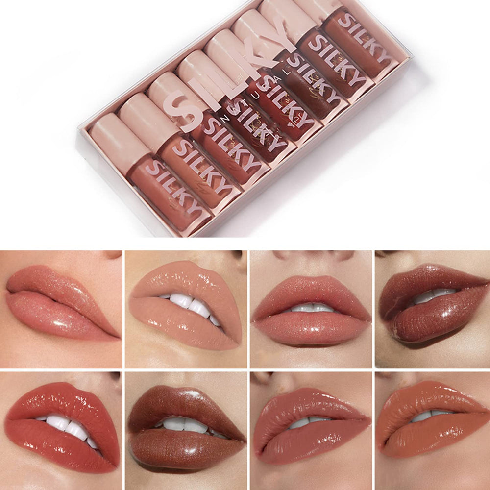 MAEPEOR lip gloss set packaging shows eight versatile shades for day-to-night looks.