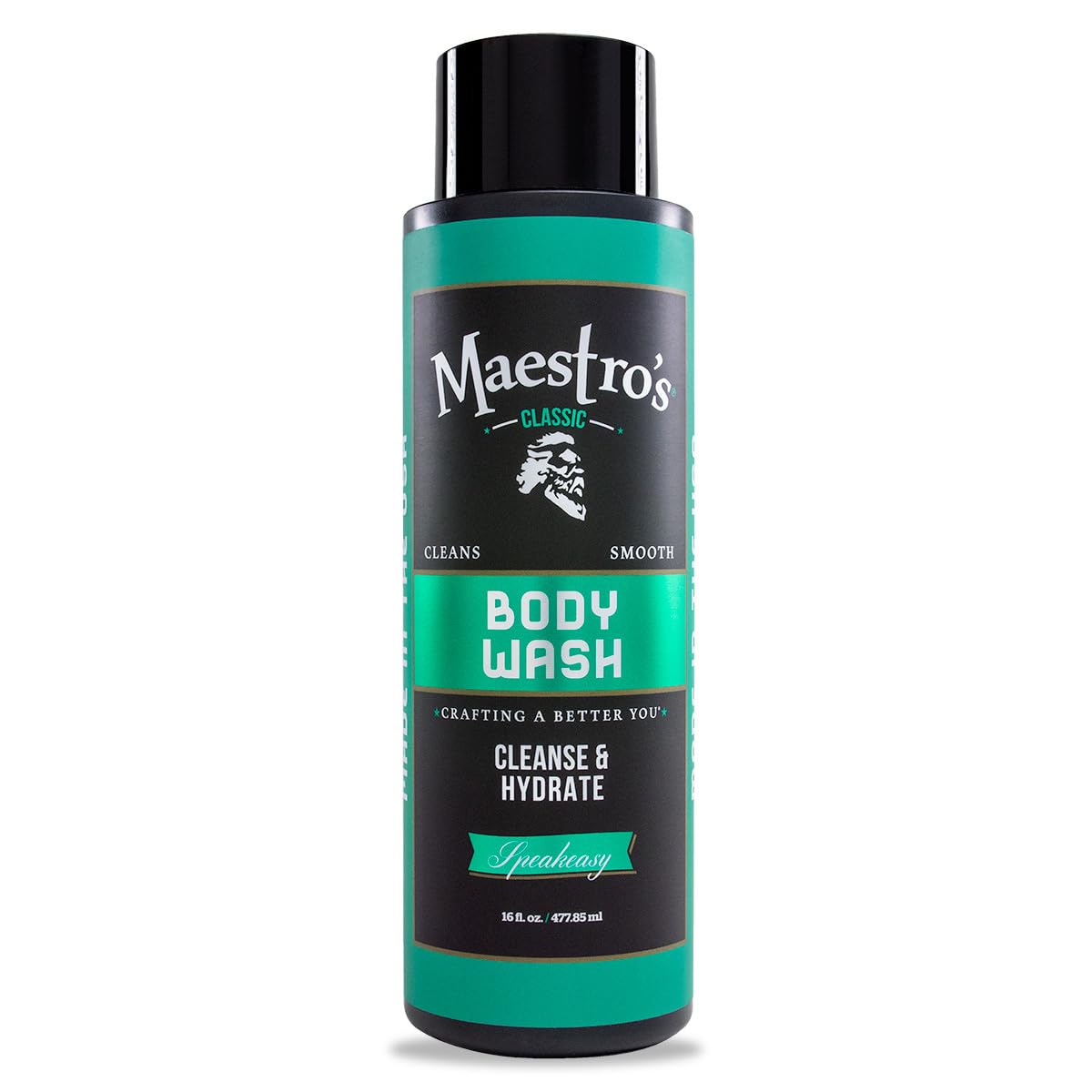 Maestro's Classic Bath Wash bottle pour with Speakeasy scent for a refined cleanse.