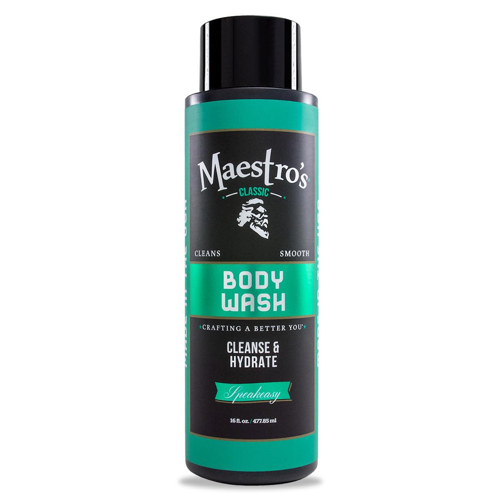 Maestro's Classic Bath Wash bottle pour with Speakeasy scent for a refined cleanse.