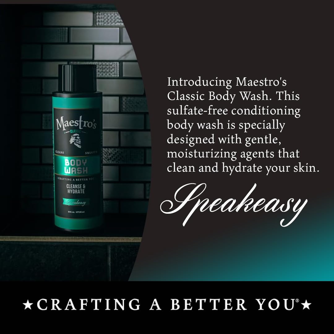 Maestro's Classic Bath Wash 16-ounce bottle shown, ideal for home or travel routines.