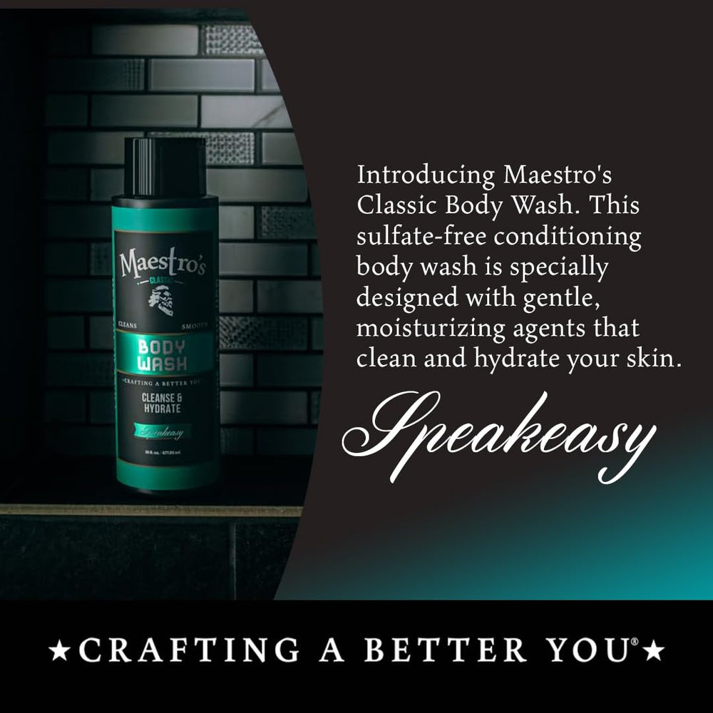 Maestro's Classic Bath Wash 16-ounce bottle shown, ideal for home or travel routines.