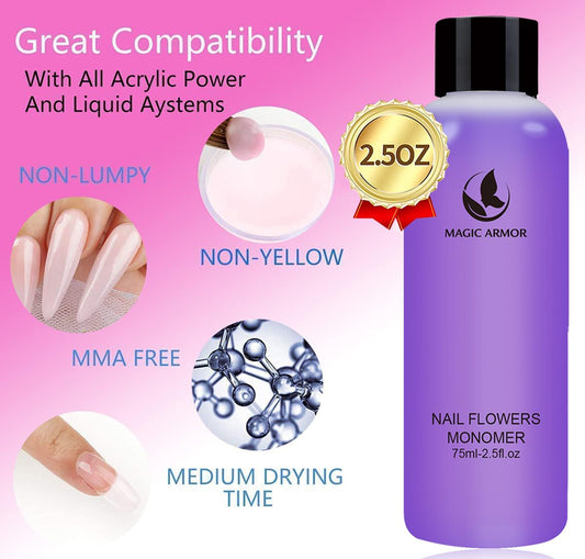 Magic Armor quick-dry monomer bottle illustrating 3–5 minute set for efficiency