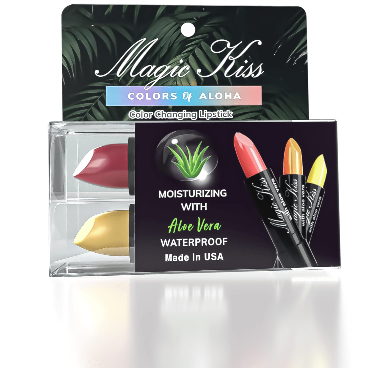 Magic Kiss color changing lipstick gold pack swatch showing vibrant temperature-responsive color