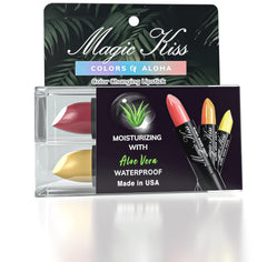 Magic Kiss color changing lipstick gold pack swatch showing vibrant temperature-responsive color
