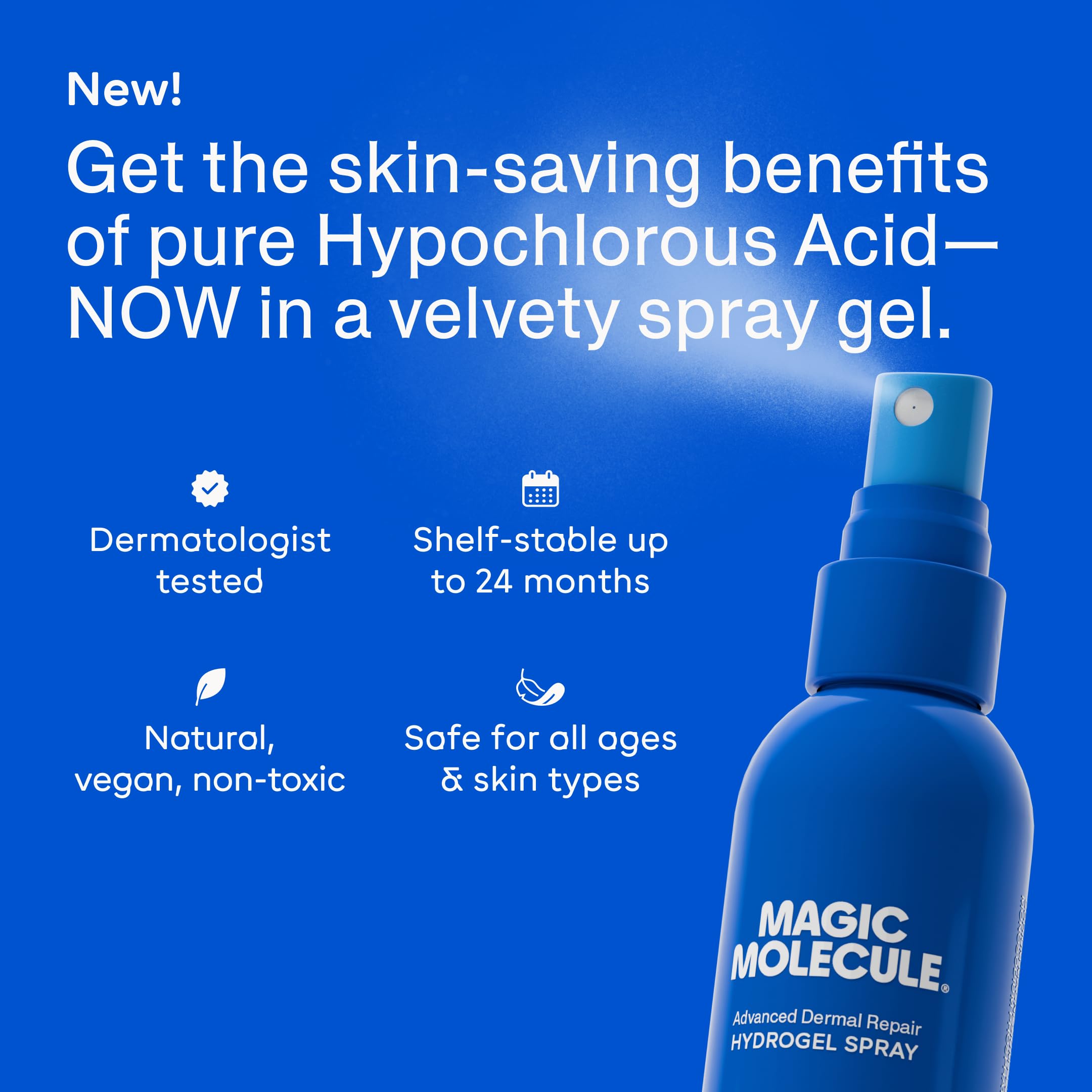 Magic Molecule HOCl spray close-up shows gentle mist for all skin types