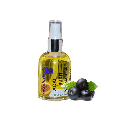 MagicSleek Acai Oil 60ml bottle promoting shine and frizz control.