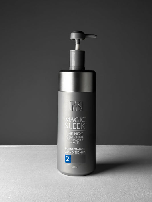 MagicSleek Nourishing Conditioner label closeup shows color-safe formula for vibrant color.