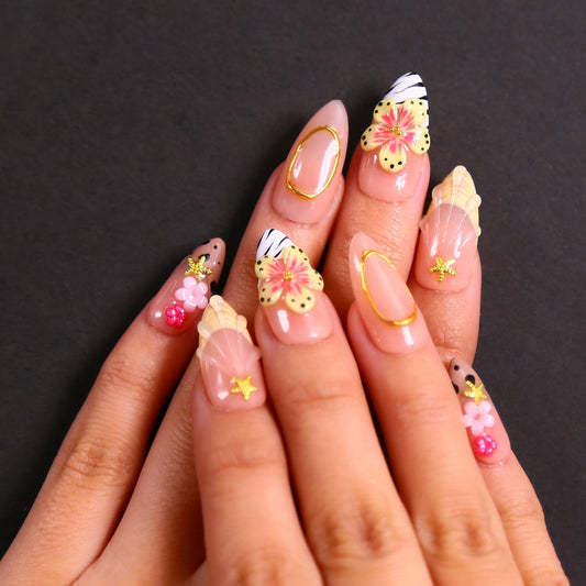 MAGLFELL spring press-on nails in almond-3D style for quick at-home salon looks.