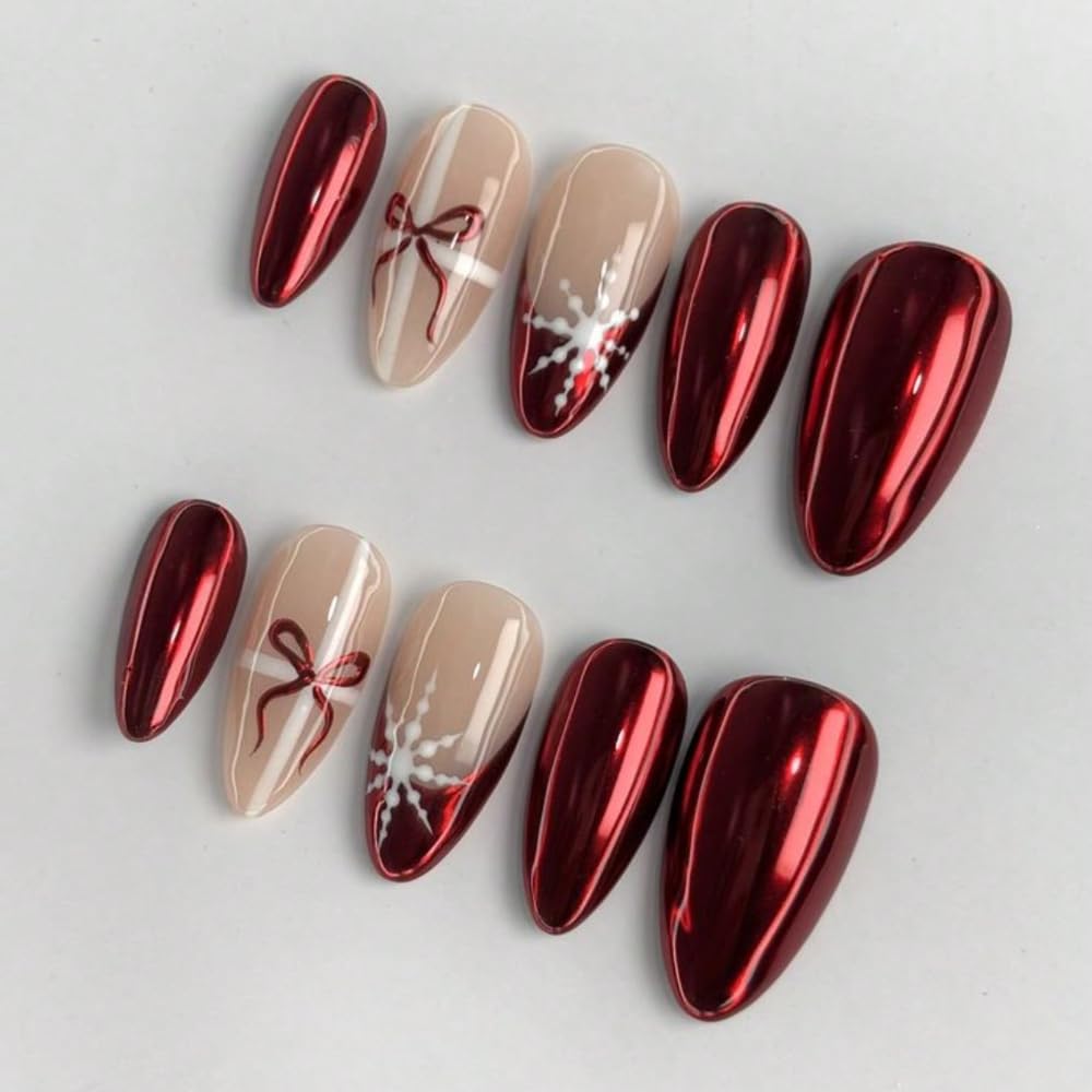 MAGLFELL valentines-day press-on nails with red bows for quick at-home salon-style manicure.