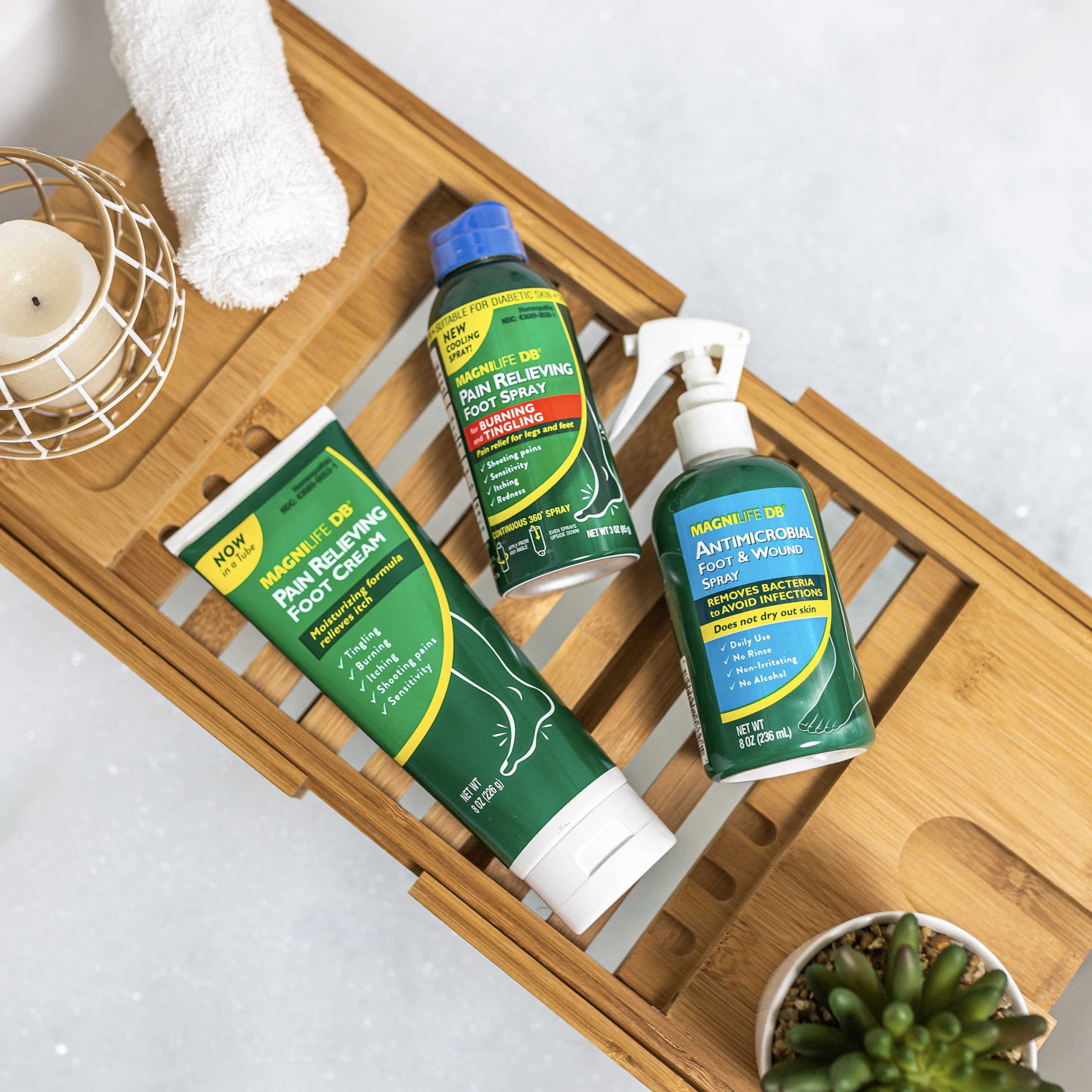 MagniLife DB Foot Cream ingredients list featuring beeswax, bergamot, eucalyptus, cudweed