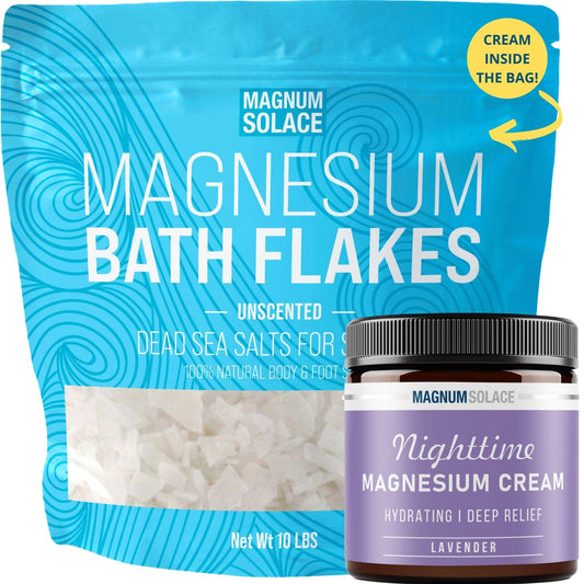 Magnum Solace bath magnesium flakes in bag ready to soak for relaxation