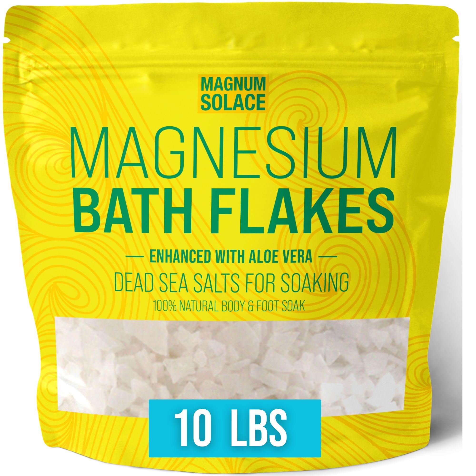 Magnum Solace magnesium bath flakes in Dead Sea salt packaging for soaking