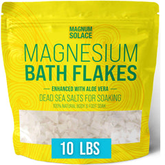 Magnum Solace magnesium bath flakes in Dead Sea salt packaging for soaking