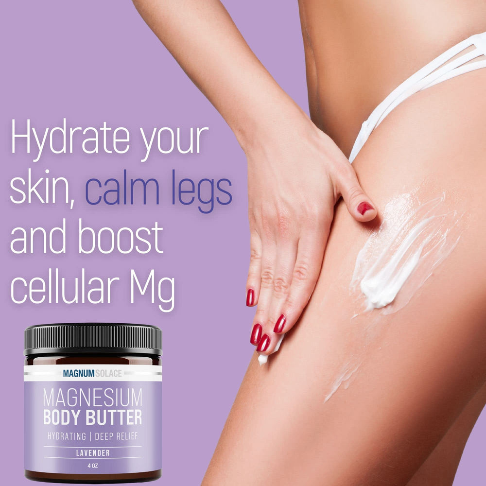 Magnum Solace lavender scented magnesium body butter close-up highlighting creamy texture.