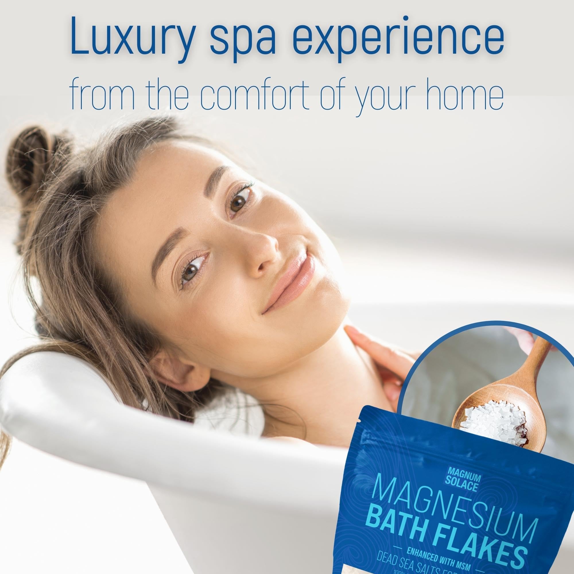 Magnum Solace magnesium chloride flakes dissolving in warm water for a calming bath.