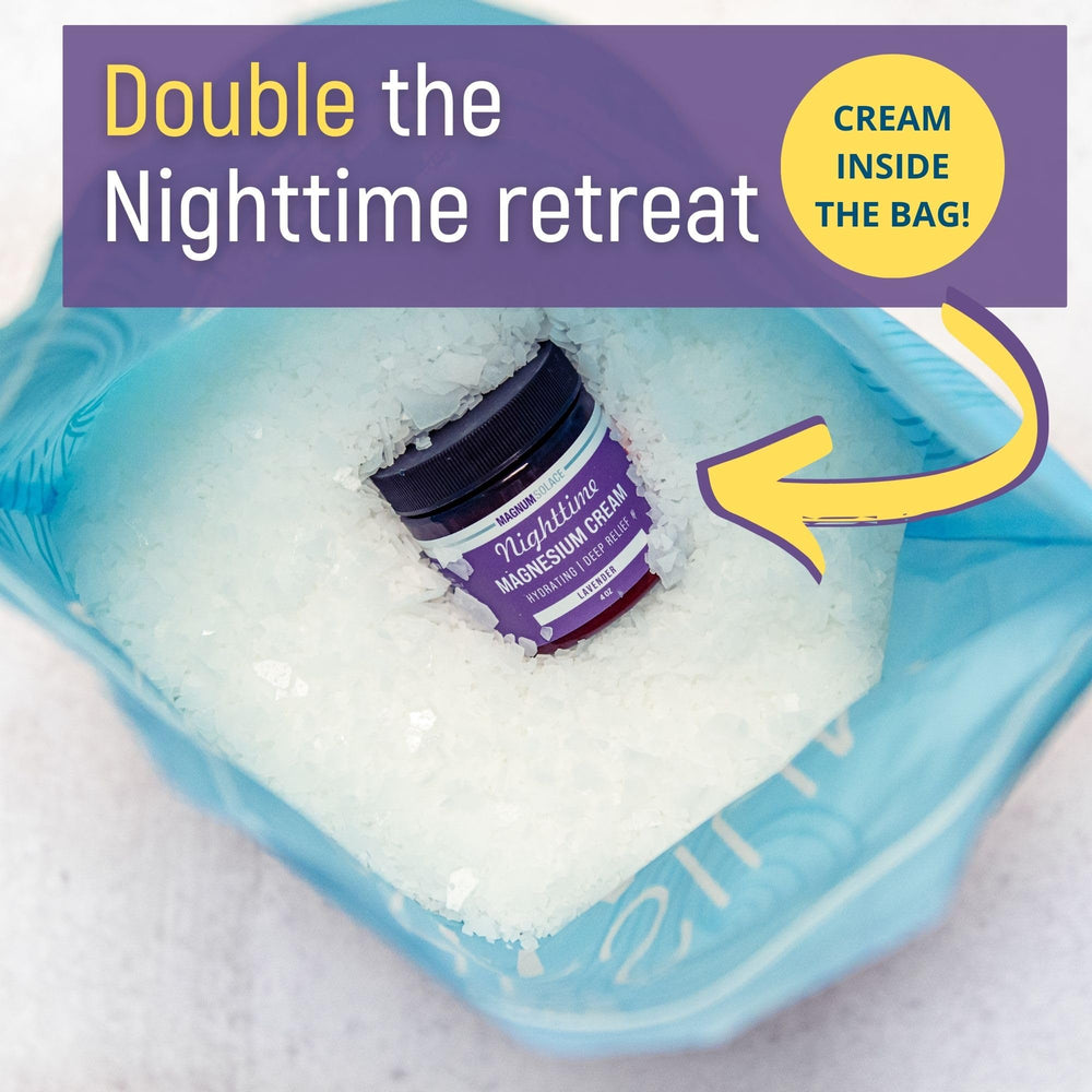 Magnum Solace nighttime magnesium cream inside bag promotes a peaceful routine
