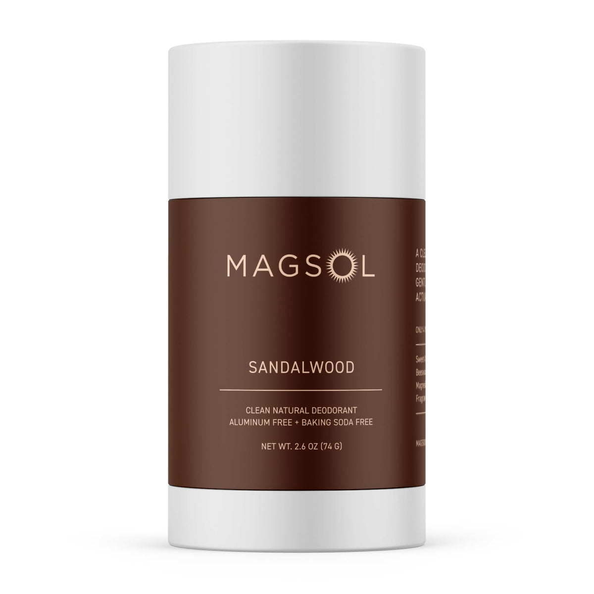 MAGSOL Magnesium Deodorant bottle showing aluminum-free formula for sensitive skin