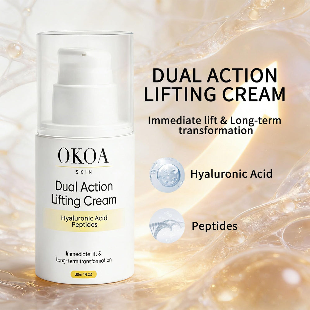 Maidlure OKOA SKIN ingredients display peptides and hyaluronic acid for hydration.
