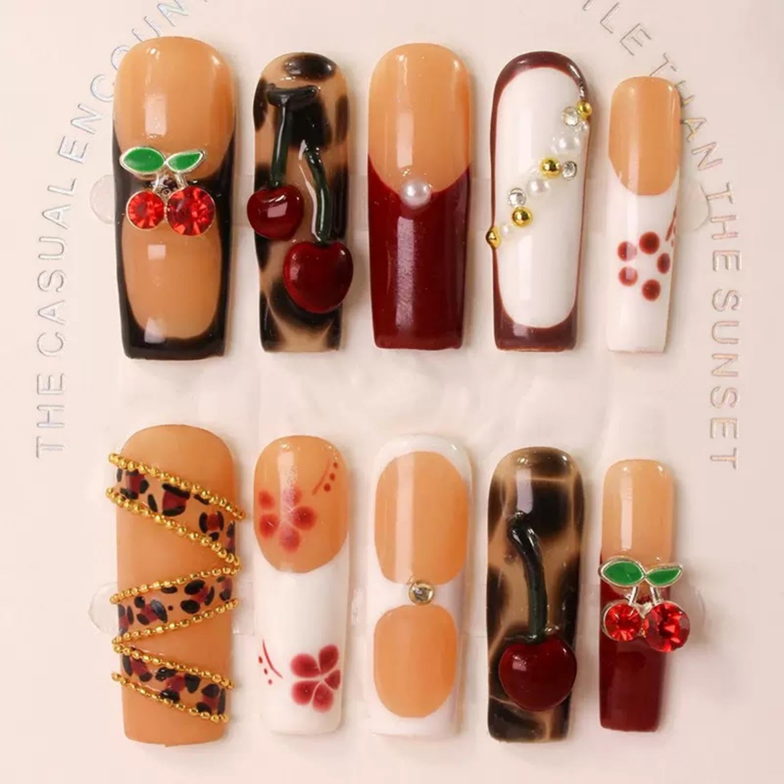 Maigitur brown ombre nails with red cherry charms for chic DIY nails