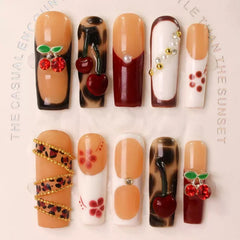 Maigitur brown ombre nails with red cherry charms for chic DIY nails