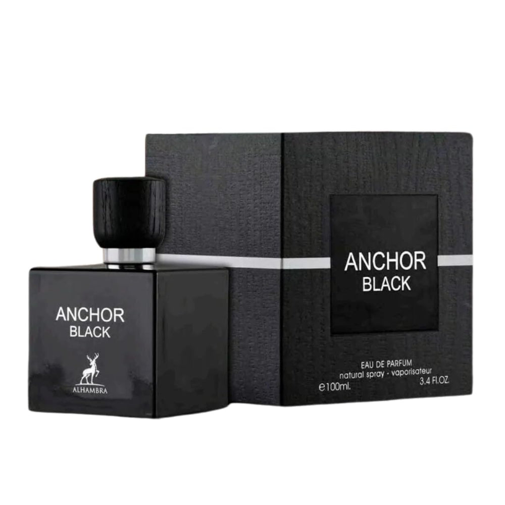 Maison Alhambra Anchor Black bottle front view showcasing bold masculine presence for evenings