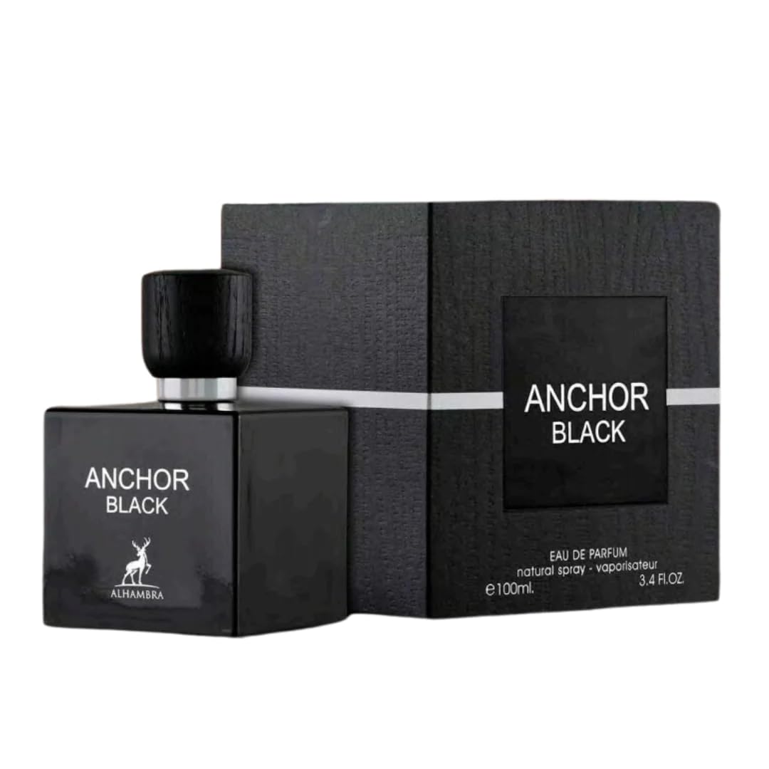 Maison Alhambra Anchor Black bottle front view showcasing bold masculine presence for evenings