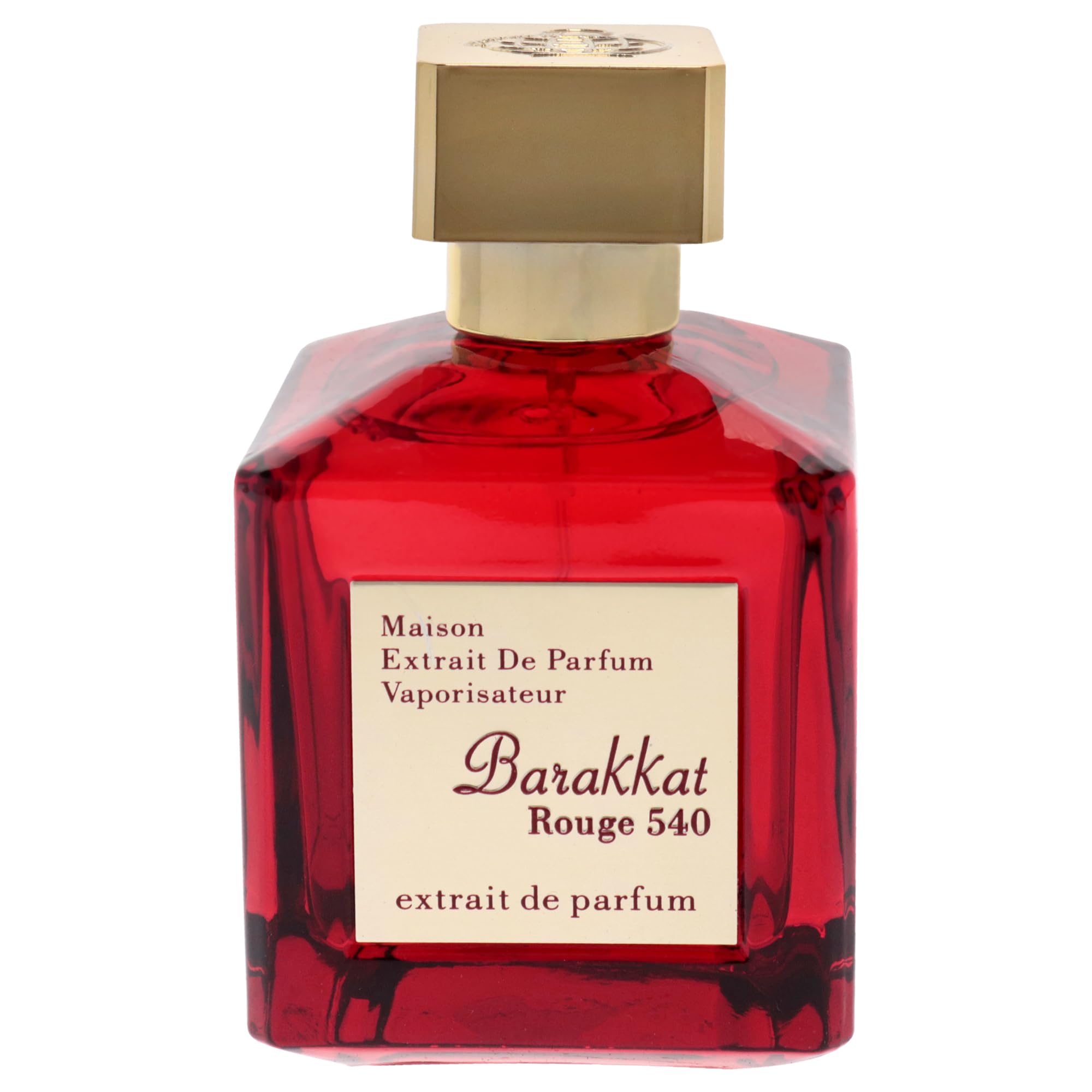 Barakkat Rouge 540 bottle with golden cap on display, capturing luxury scent anticipation.