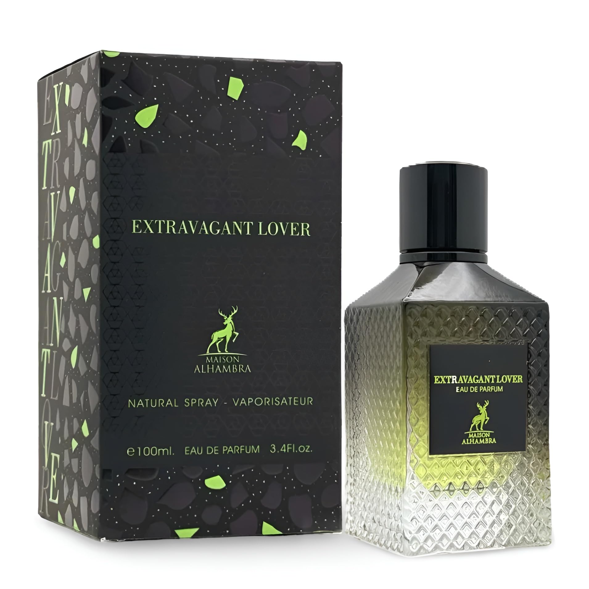 Maison Alhambra Extravagant Lover bottle label highlights premium branding and gifting appeal.