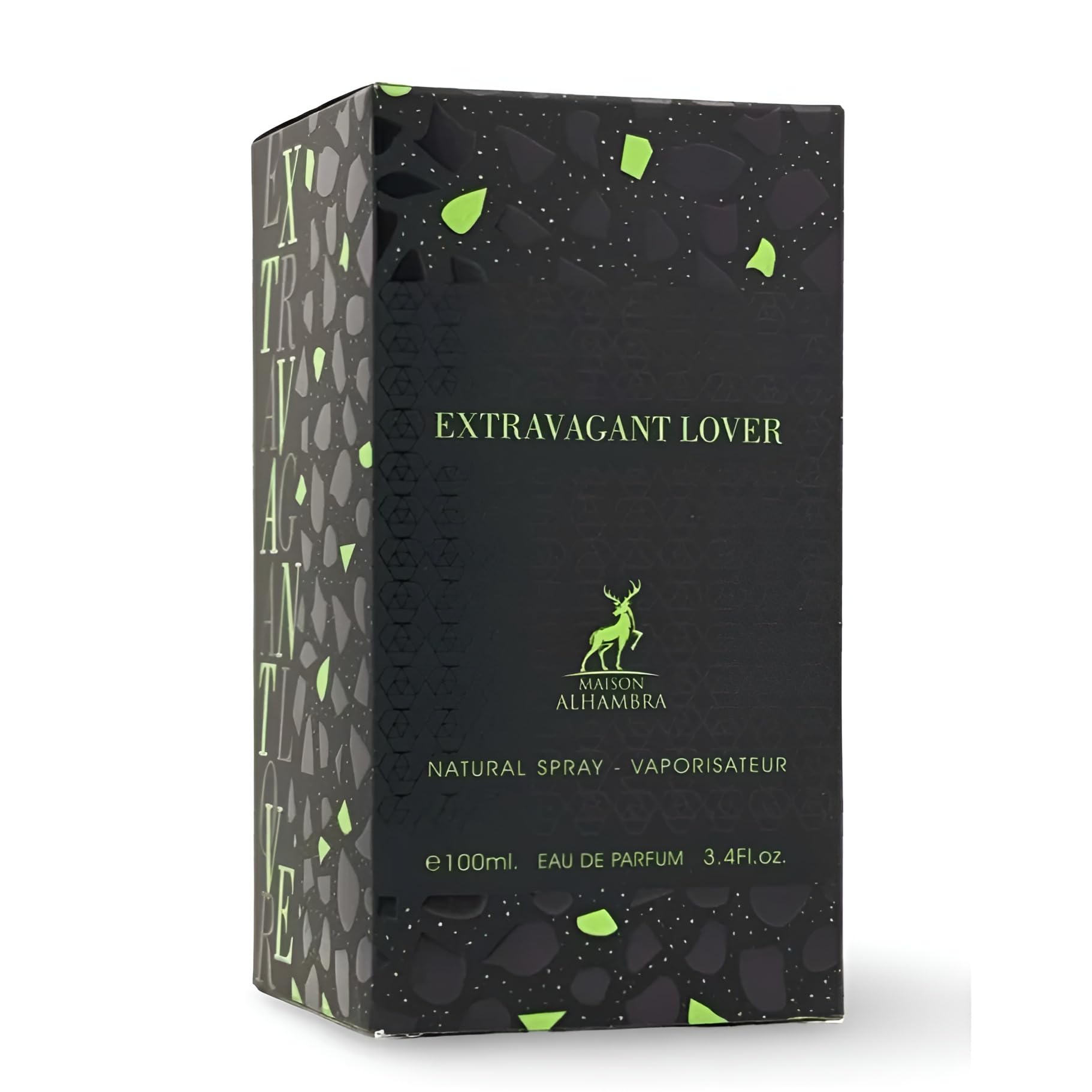 Maison Alhambra Extravagant Lover packaging closeup emphasizes refined presentation for special occasions.