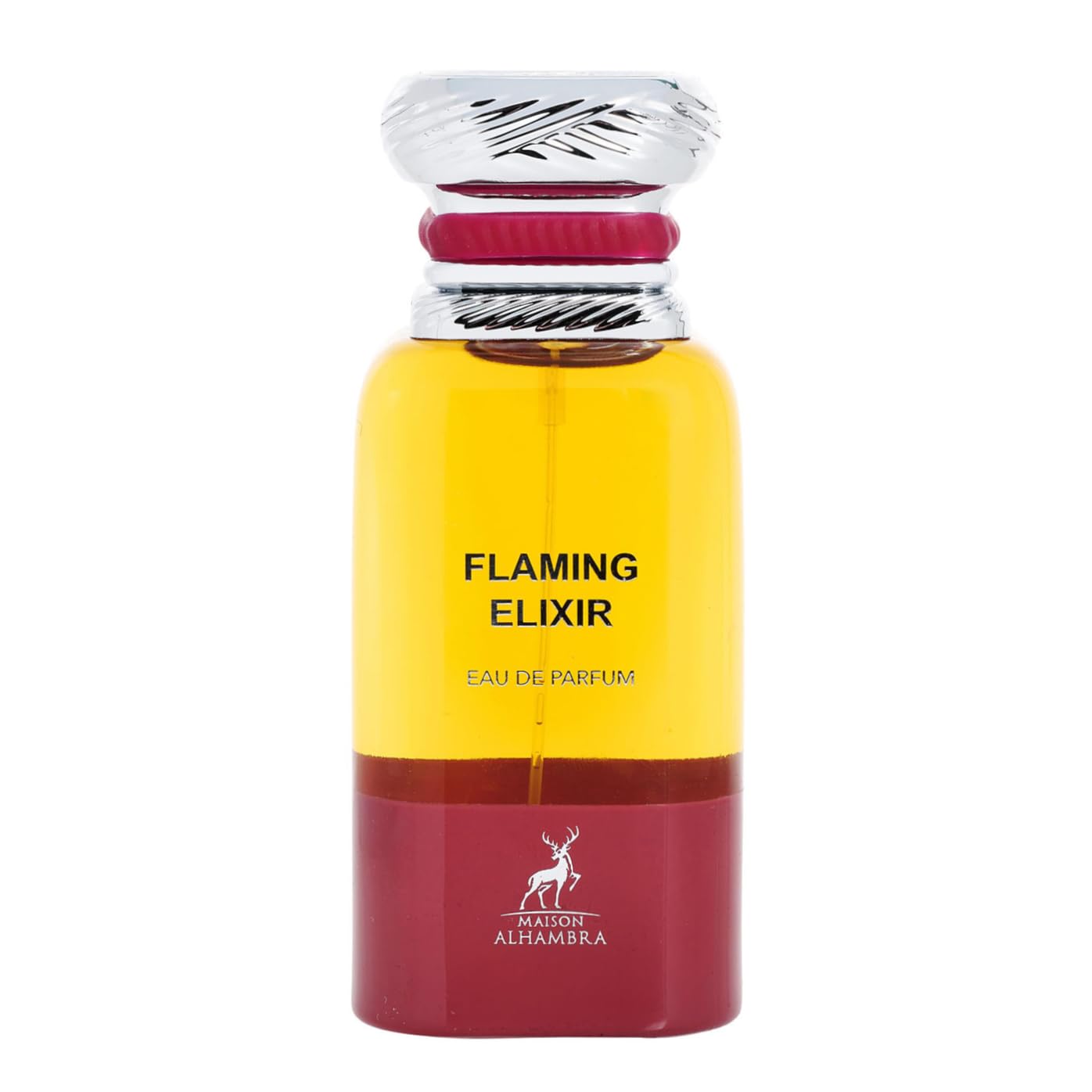 Maison Alhambra Flaming Elixir bottle with fiery accents, suggesting bold evening wear.
