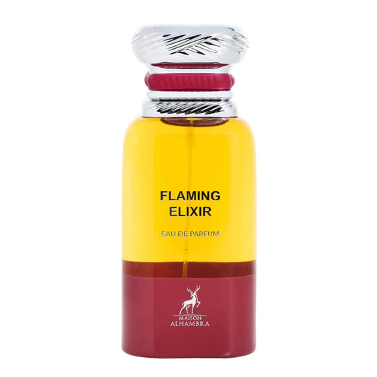 Maison Alhambra Flaming Elixir bottle with fiery accents, suggesting bold evening wear.