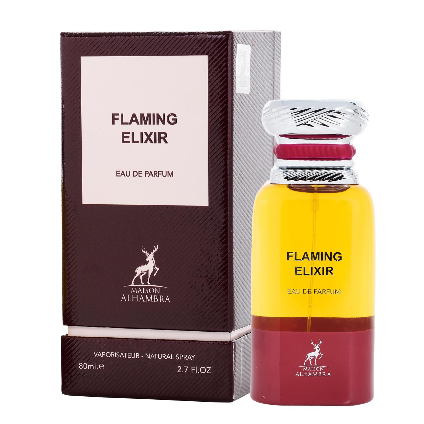 Close-up of Maison Alhambra Flaming Elixir cap and label conveying luxurious unisex fragrance.