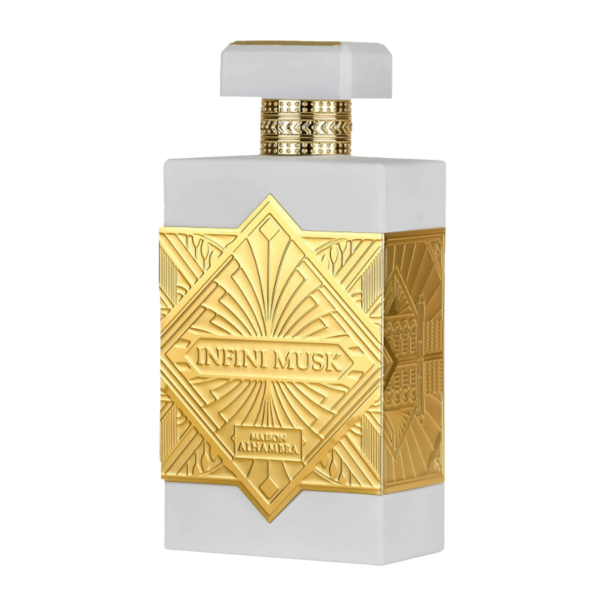Maison Alhambra Infini Musk spray closeup, long-lasting aroma for evening wear.