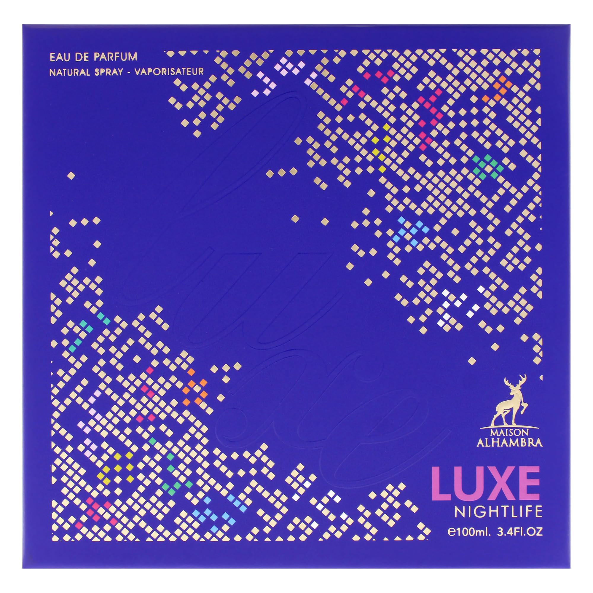 Maison Alhambra Luxe Nightlife label on box communicates premium branding and elegance
