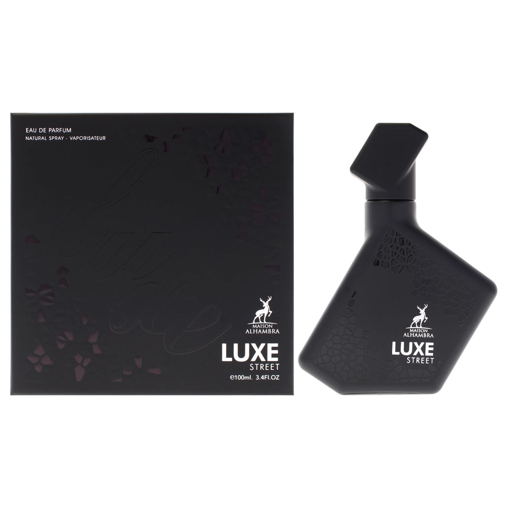 Maison Alhambra Luxe Street bottle-front highlights unisex citrus-spice charm for daily wear.