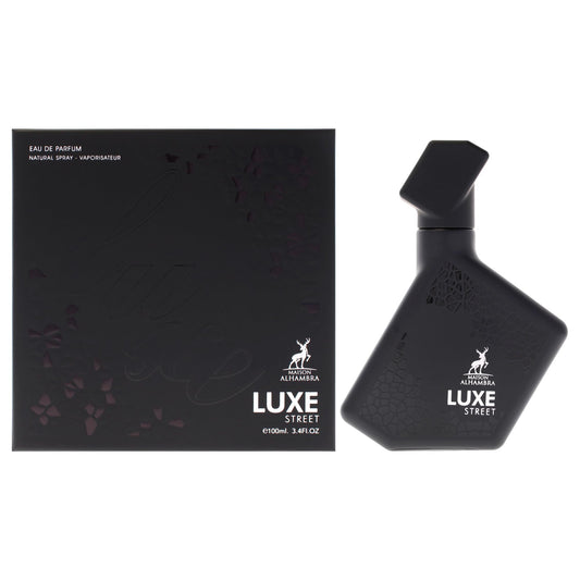 Maison Alhambra Luxe Street bottle-front highlights unisex citrus-spice charm for daily wear.