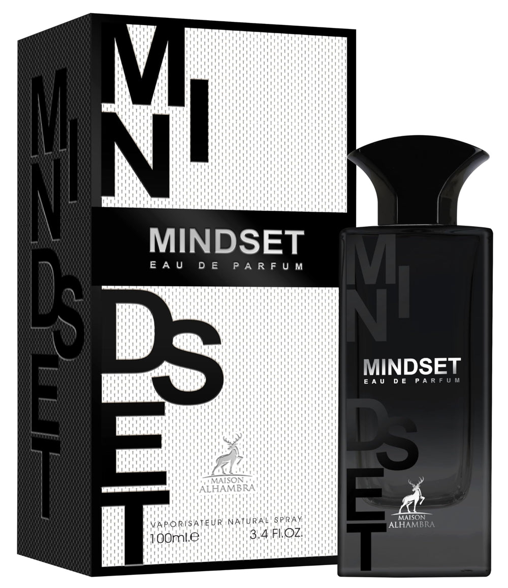 Maison Alhambra Mindset bottle tilted, emphasizing amber-tonka base and long lasting warmth