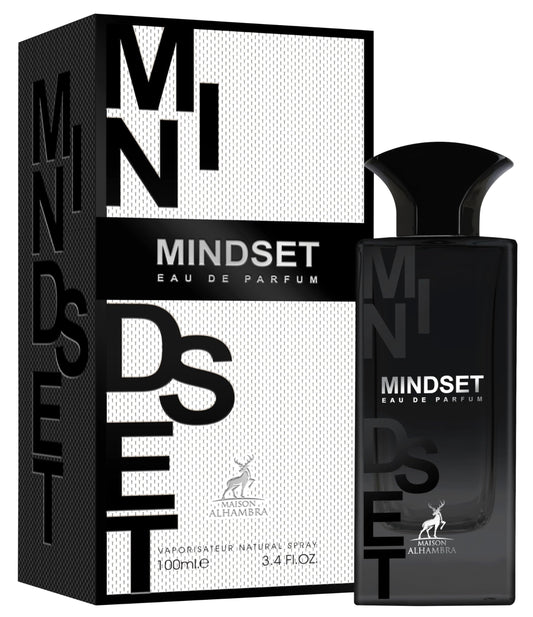 Maison Alhambra Mindset bottle tilted, emphasizing amber-tonka base and long lasting warmth