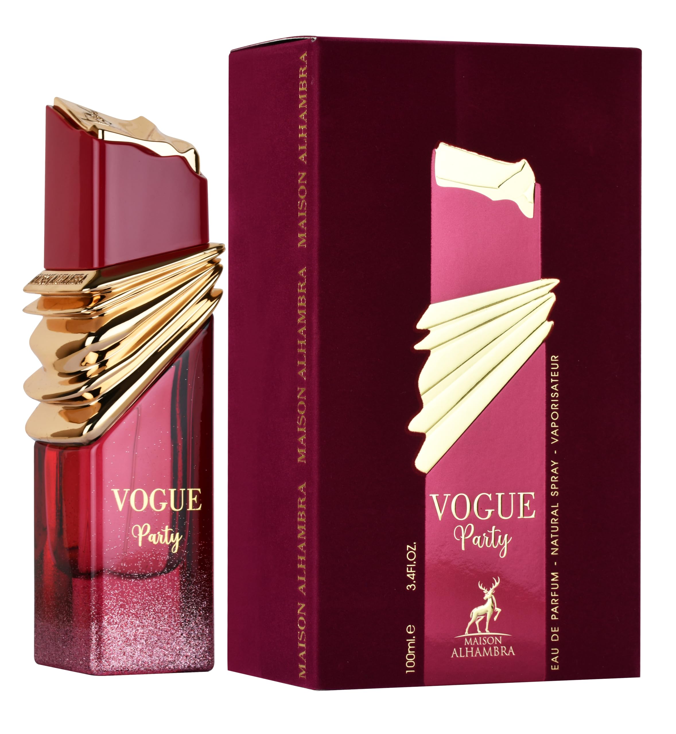 Maison Alhambra Vogue Party bottle cap close-up, playful aroma for nightlife.