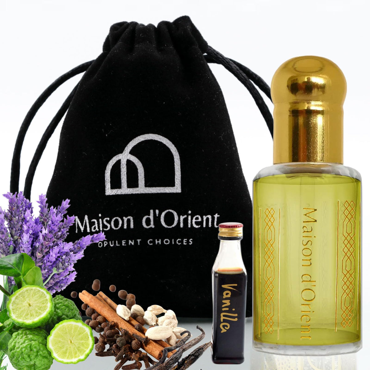 Maison d'Orient Granada bottle close-up shows travel-friendly, alcohol-free fragrance.