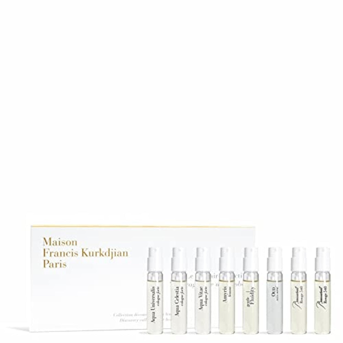 Maison Francis Kurkdjian Discovery Collection for Her eight bottles display for on-the-go testing and gifting.