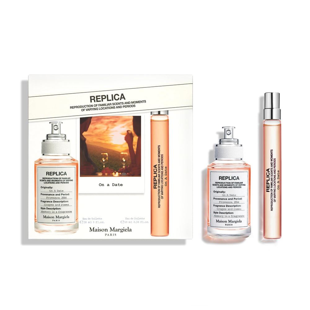 Maison Margiela Replica On a Date bottle close-up, sleek design for a refined fragrance moment.