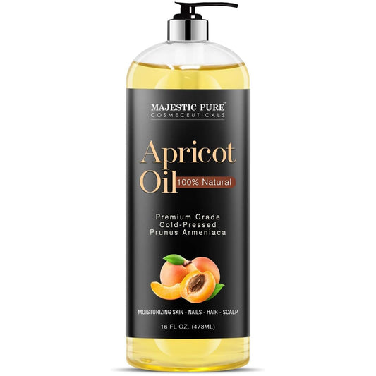Majestic Pure Apricot Oil bottle on white background for skin care