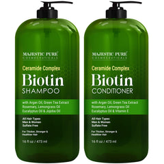 Majestic Pure Biotin Shampoo bottle with ceramide complex for thicker hair.