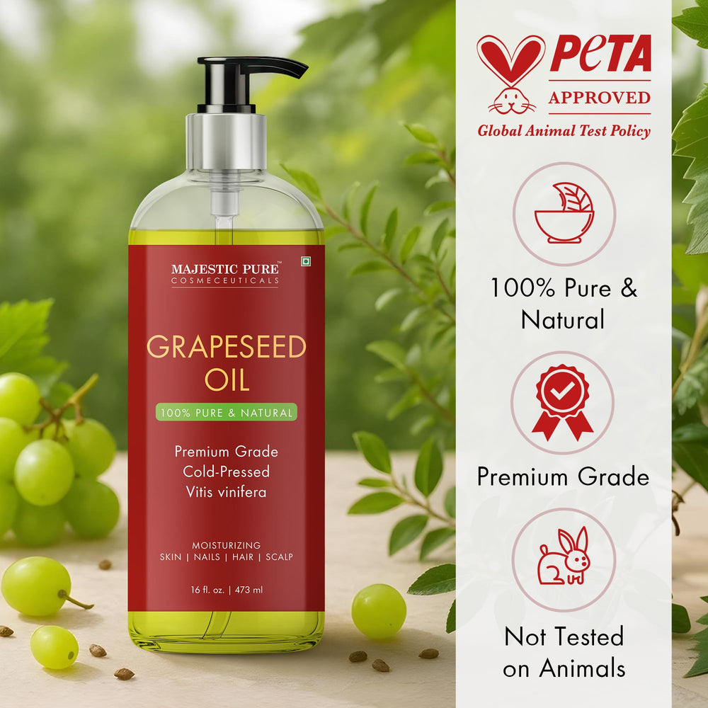 Amber bottle of Majestic Pure Grapeseed Oil reflects pure, hexane-free formula.