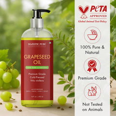 Amber bottle of Majestic Pure Grapeseed Oil reflects pure, hexane-free formula.