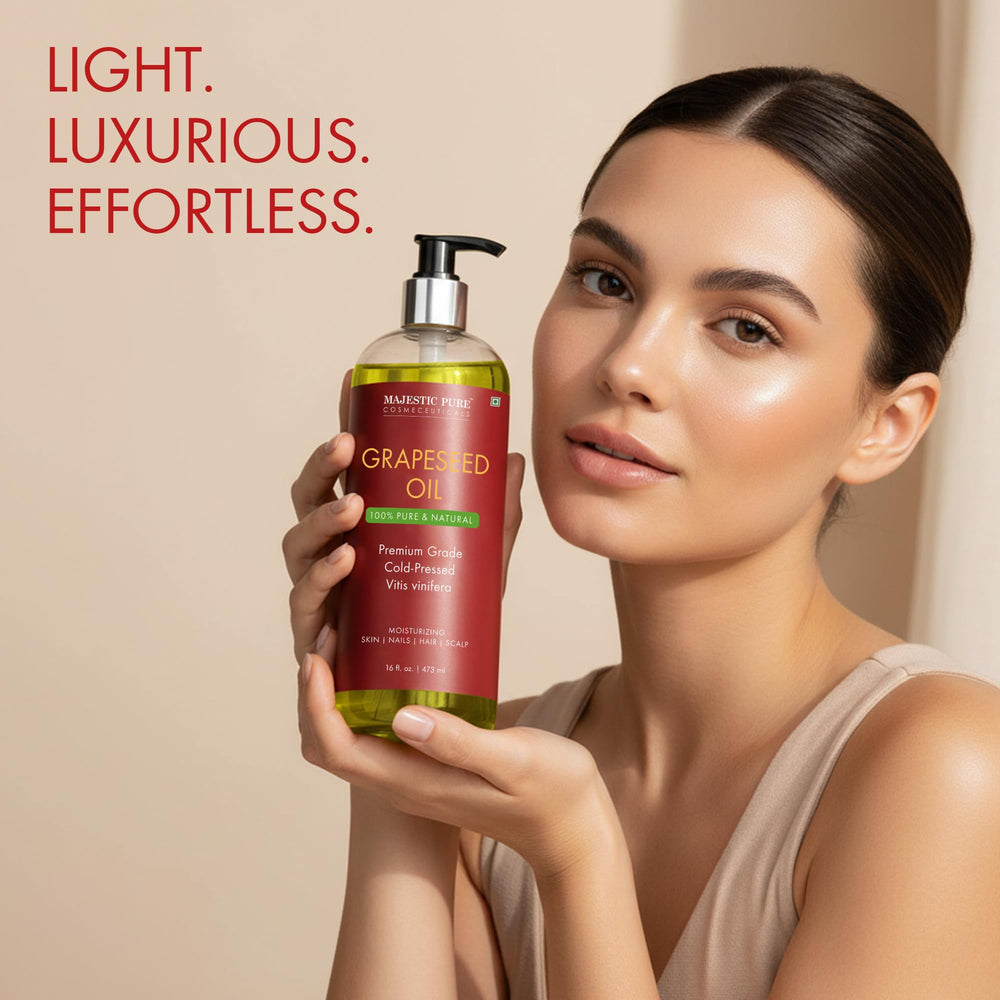 Majestic Pure Grapeseed Oil used for hair care to promote smoothness.