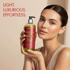 Majestic Pure Grapeseed Oil used for hair care to promote smoothness.
